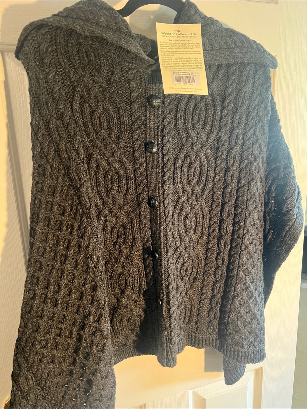 Gray Cable Merino Wool Knit Button-Up Cowl-Neck Poncho